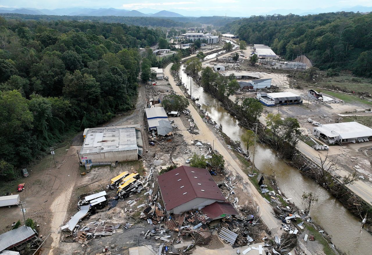 Flood damage wrought by Hurricane Helene is seen along the Swannanoa River on October 3 in Asheville, North Carolina.