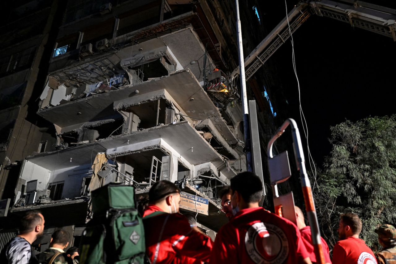 A residential building hit by a reported Israeli airstrike, in the Mazzeh suburb on the western outskirts of Syria's capital Damascus on October 8.