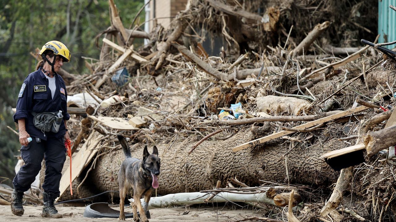 A member of the FEMA Urban Search and Rescue Task Force searches a flood-damaged property with a search canine in the aftermath of Hurricane Helene along the Swannanoa River on October 4 in Asheville, North Carolina.