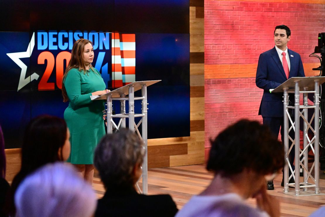 DENVER, CO - OCTOBER 8 : Congresswoman Yadira Caraveo, the Democratic incumbent, left, and Republican state Rep. Gabe Evans participate in the 8th congressional debate at 9news studio in Denver, Colorado on Tuesday, October 8, 2024. (Photo by Hyoung Chang/The Denver Post)