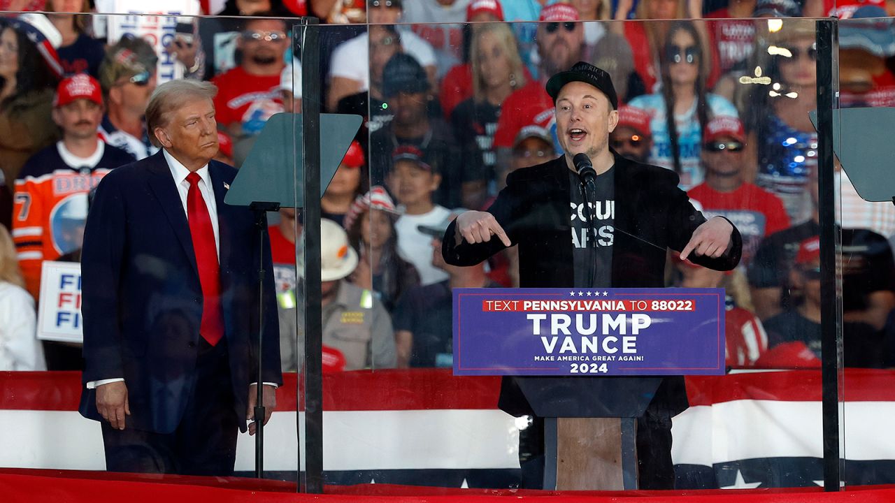 Tesla CEO Elon Musk endorses Republican presidential nominee, former President Donald Trump during a campaign rally at the Butler Farm Show fairgrounds in Butler, Pennsylvania, on October 5.