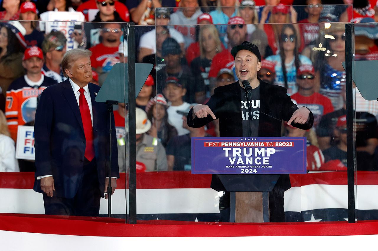 Tesla CEO Elon Musk endorses Republican presidential nominee, former President Donald Trump during a campaign rally at the Butler Farm Show fairgrounds in Butler, Pennsylvania, on October 5.