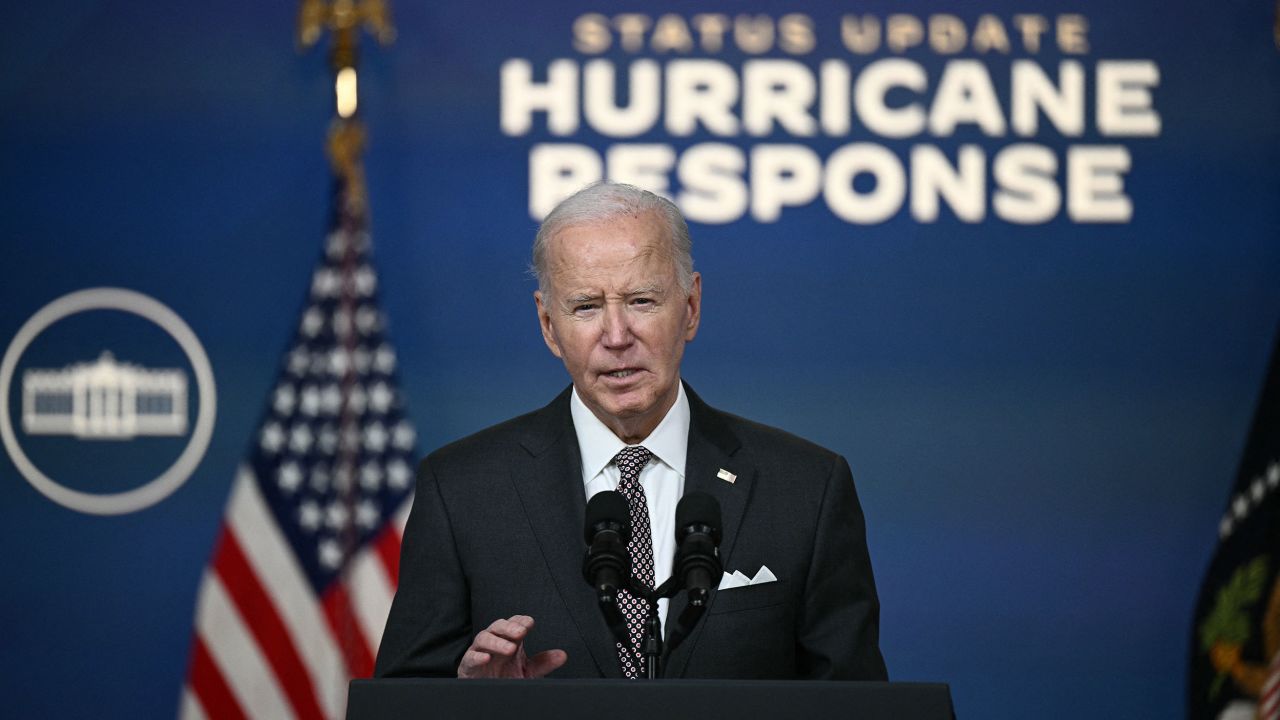 President Joe Biden speaks about the impact of Hurricane Milton in the Eisenhower Executive Office Building in Washington on October 10, 2024.