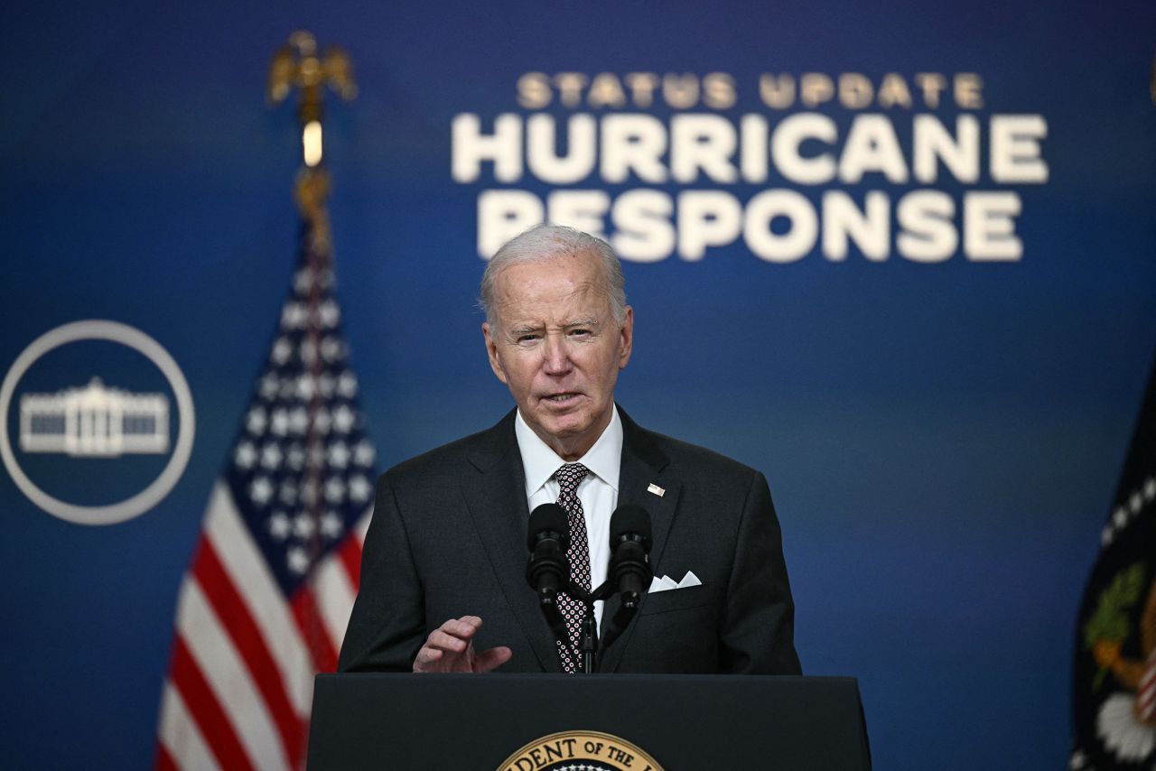 President Joe Biden speaks about the impact of Hurricane Milton in the Eisenhower Executive Office Building in Washington, DC, on Thursday.