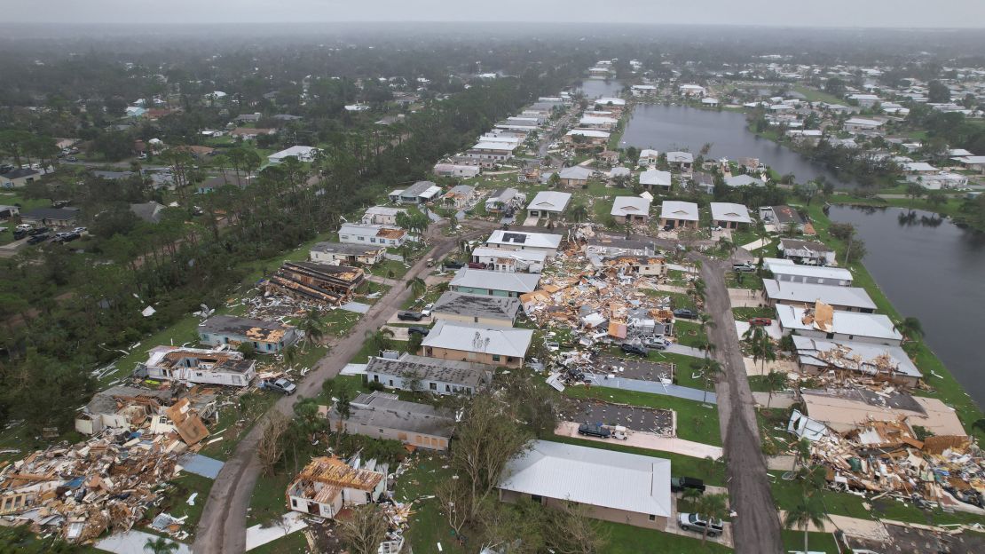 An aerial view shows homes destroyed by Hurricane Milton in Fort Pierce, Florida, on October 10, 2024.