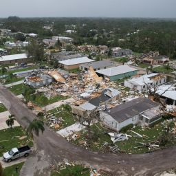 An aerial view of the destruction at the Spanish Lakes Country Club in Fort Pierce, Florida, on October 10, 2024.