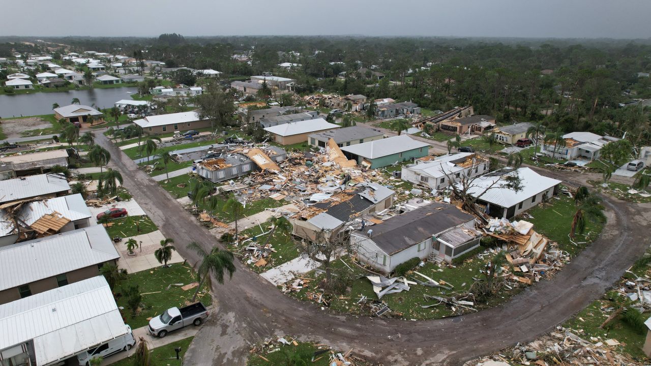 An aerial view of the destruction at the Spanish Lakes Country Club in Fort Pierce, Florida, on October 10, 2024.