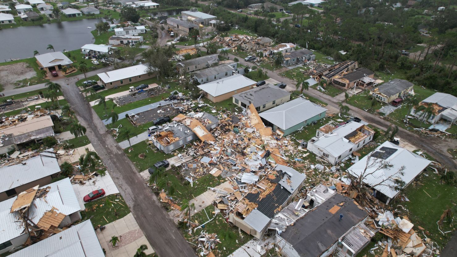 An aerial view shows destruction at the Spanish Lakes country club in Fort Pierce, Florida, in the aftermath of Hurricane Milton on October 10, 2024.