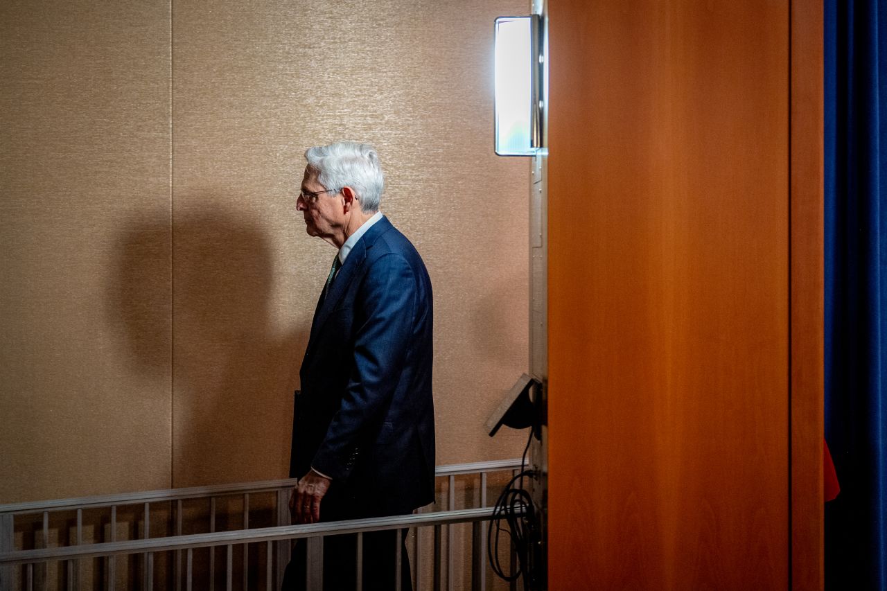 Attorney General Merrick Garland departs following a news conference at the Justice Department on October 10, 2024 in Washington, DC.