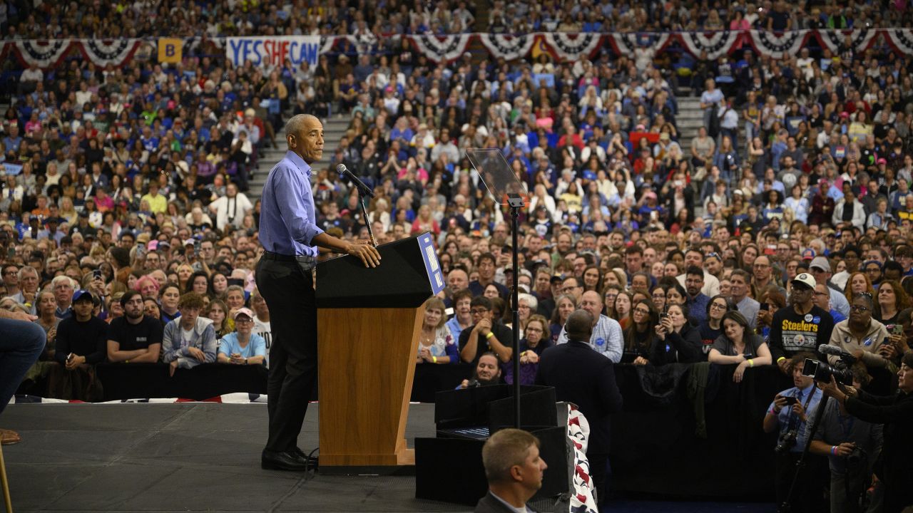 Former president Barack Obama speaks at a campaign event for  Vice President Kamala Harris on October 10 in Pittsburgh.