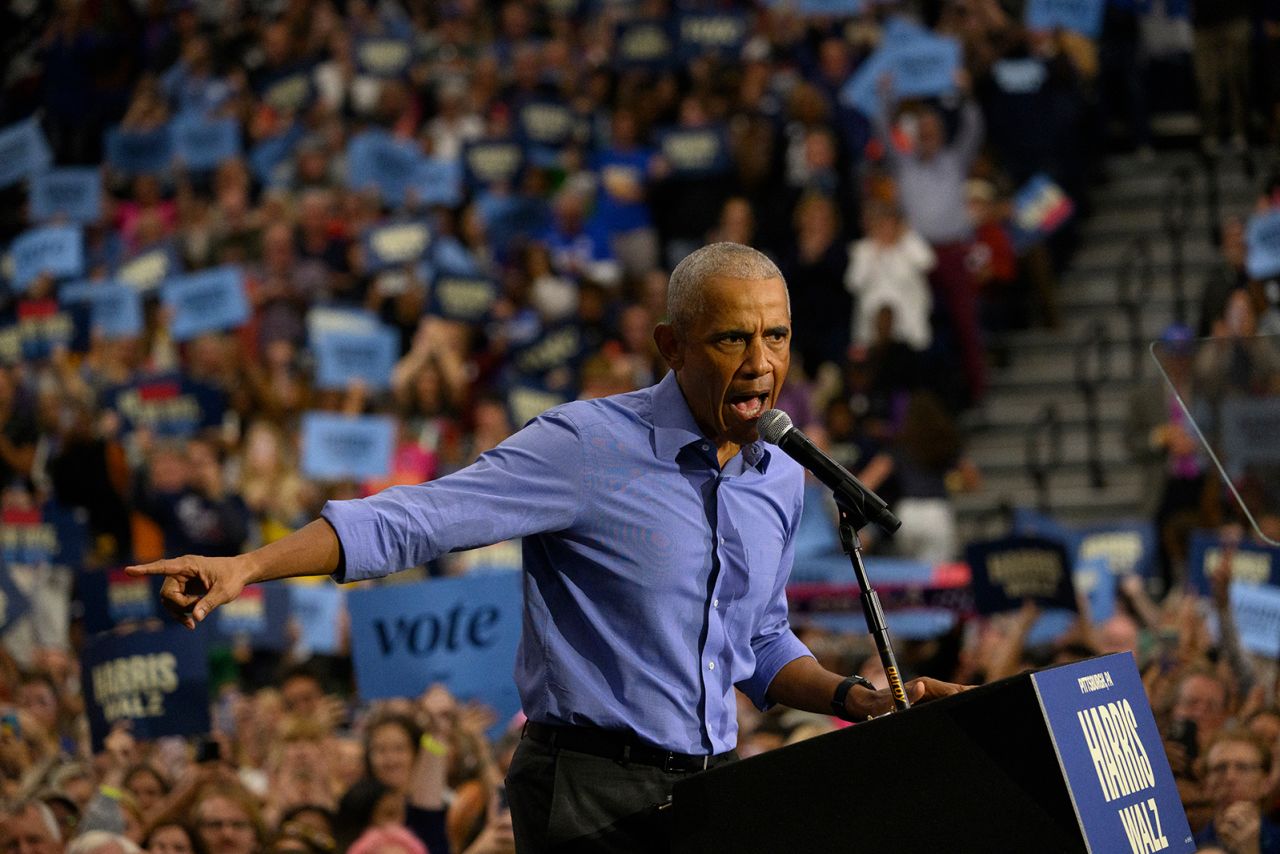 Former President Barack Obama speaks at a rally for Vice President Kamala Harris in Pittsburgh on Thursday.