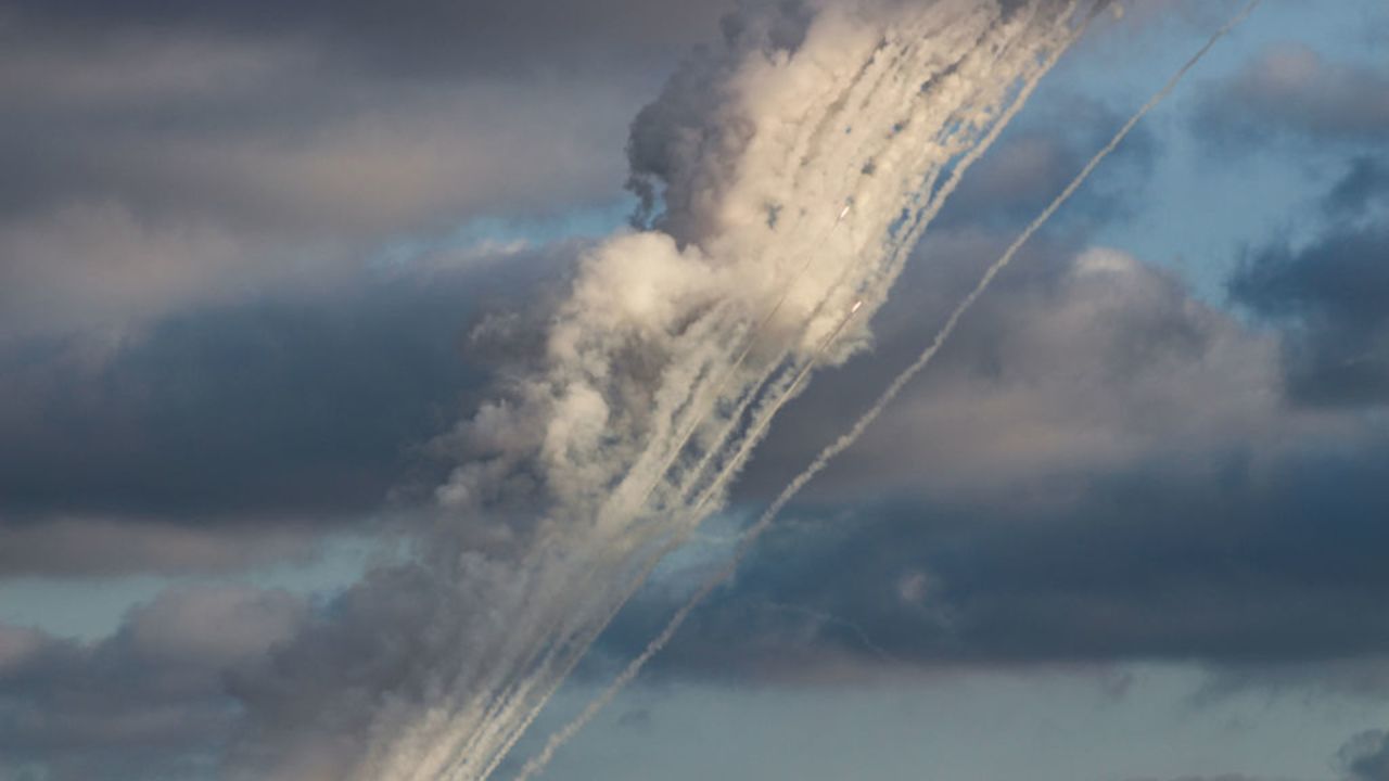 TOPSHOT - A picture taken from the southern Lebanese city of Tyre shows rockets being fired from the region toward Israel on October 11, 2024. (Photo by KAWNAT HAJU / AFP) (Photo by KAWNAT HAJU/AFP via Getty Images)