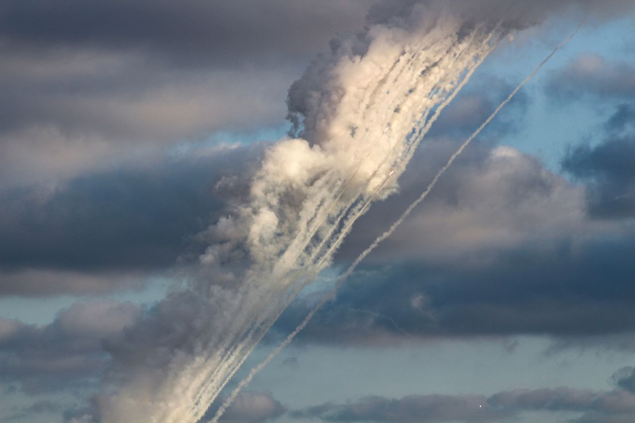 Rockets fired from Lebanon toward Israel are seen from Tyre, Lebanon, on October 11.