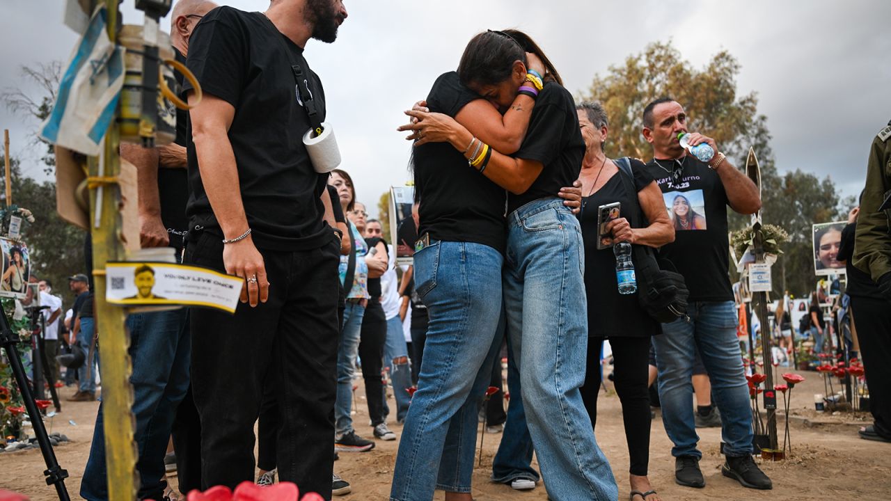 Family and friends gather at the Nova festival memorial to mark one the first anniversary since Hamas attacked one year ago, in Re’im, Israel, on October 7.