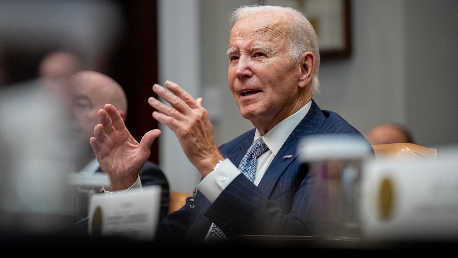 President Joe Biden gives an update on the government's response to Hurricanes Milton and Helene in the Roosevelt Room of the White House on October 11, 2024.