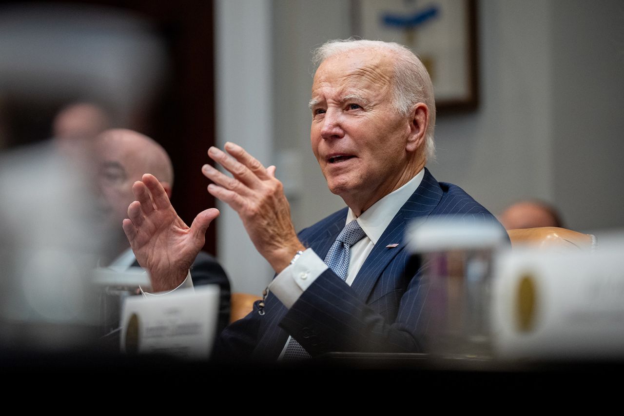 President Joe Biden gives an update on the government's response to Hurricanes Milton and Helene in the Roosevelt Room of the White House on October 11, 2024.