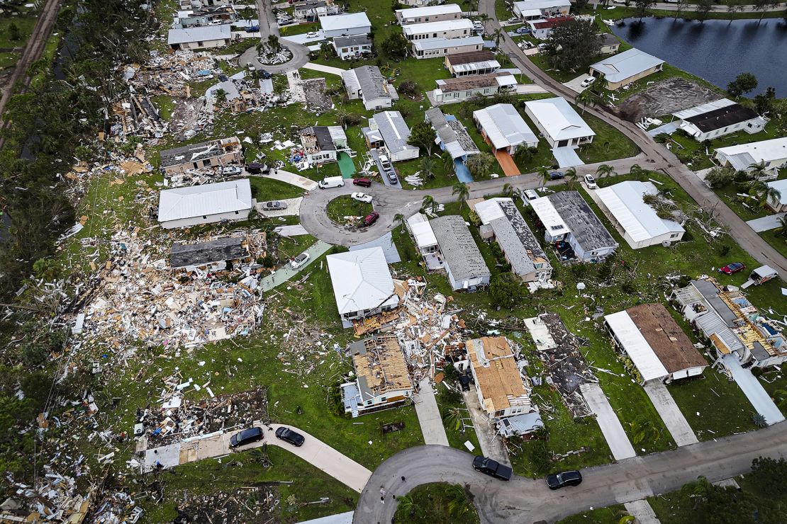 Aerial view of destroyed houses in Port St Lucie, Florida, after a tornado hit the area and caused severe damage as Hurricane Milton swept through Florida on October 11, 2024.