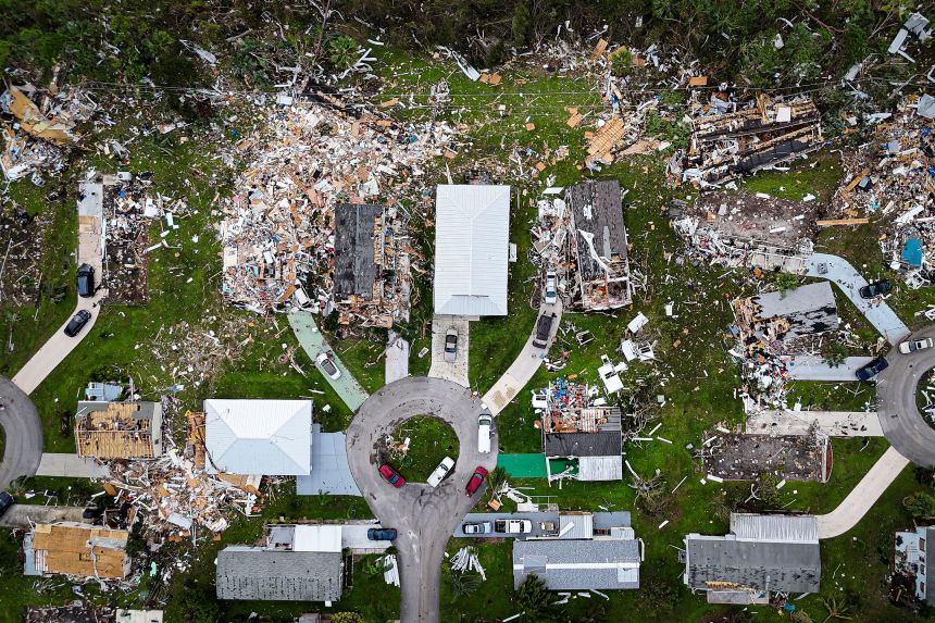Destroyed homes in Port St. Lucie, Florida, after a tornado struck during Hurricane Milton on October 11, 2024.