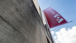 A banner hangs on the side of the Voice of America (VOA) headquarters building in Washington, DC.