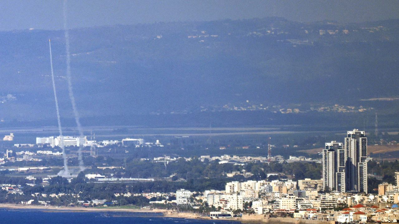 Rockets are fired from Israel's Iron Dome defense system during a rocket attack from Lebanon on October 12.