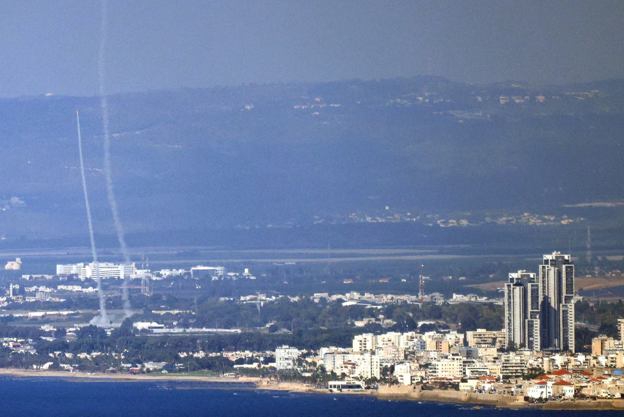 Rockets are fired from Israel's Iron Dome defense system during a rocket attack from Lebanon on October 12.