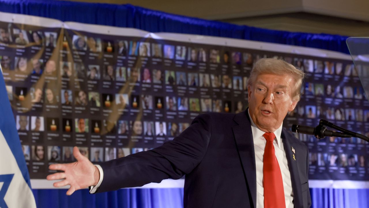 DORAL, FLORIDA - OCTOBER 07: Republican presidential nominee, former U.S. President Donald Trump, speaks during an Oct. 7th remembrance event at the Trump National Doral Golf Club on October 07, 2024 in Doral, Florida. The event was held to commemorate October 7th, 2023, when Hamas terrorists mounted a series of attacks and raids on Israeli towns near Gaza, killing 1,145 people and taking 251 hostages. (Photo by Joe Raedle/Getty Images)