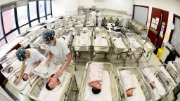 Nurses take care of newborn babies at a maternal and child health hospital on February 28, 2024 in Lanzhou, Gansu Province of China.