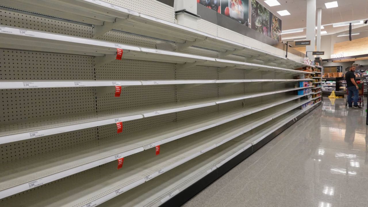 FORT MYERS, FLORIDA - OCTOBER 08: Empty shelves are seen in a store's bread aisle as people prepare before Hurricane Milton's arrival on October 08, 2024 in Fort Myers, Florida. People are preparing for the storm, which could be a Cat 3 when it makes landfall on Wednesday evening. (Photo by Joe Raedle/Getty Images)