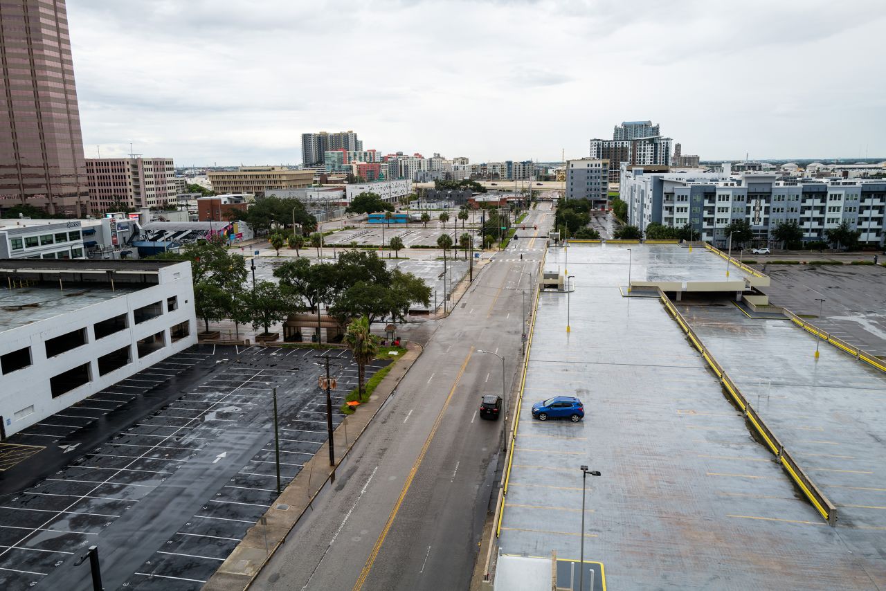 TAMPA, FLORIDA - OCTOBER 08: Parts of the city are mostly empty as Hurricane Milton approaches on October 08, 2024 in Tampa, Florida. Milton, which comes on heels of the destructive Hurricane Helene, has strengthened to a Category 5 storm as it nears Tampa, where it is projected to make landfall Wednesday. (Photo by Spencer Platt/Getty Images)