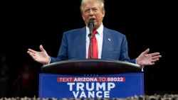 PRESCOTT VALLEY, ARIZONA - OCTOBER 13: U.S. Republican presidential nominee, former President Donald Trump speaks during a campaign rally at Findlay Toyota Center on October 13, 2024 in Prescott Valley, Arizona. With leaders of the Border Patrol union in attendance, Trump pledged to hire 10,000 additional border patrol agents if reelected, intensifying his attacks on Democratic opponent Kamala Harris on the issue.  (Photo by Rebecca Noble/Getty Images)