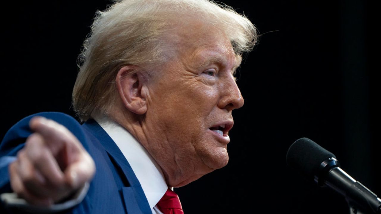 PRESCOTT VALLEY, ARIZONA - OCTOBER 13: U.S. Republican presidential nominee, former President Donald Trump speaks during a campaign rally at Findlay Toyota Center on October 13, 2024 in Prescott Valley, Arizona. With leaders of the Border Patrol union in attendance, Trump pledged to hire 10,000 additional border patrol agents if reelected, intensifying his attacks on Democratic opponent Kamala Harris on the issue.  (Photo by Rebecca Noble/Getty Images)