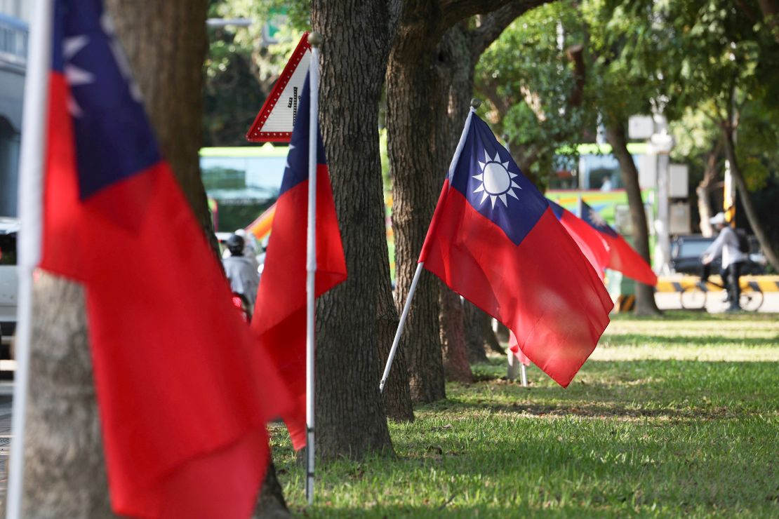 National Taiwan flags on a street in Hsinchu City on October 14, 2024.