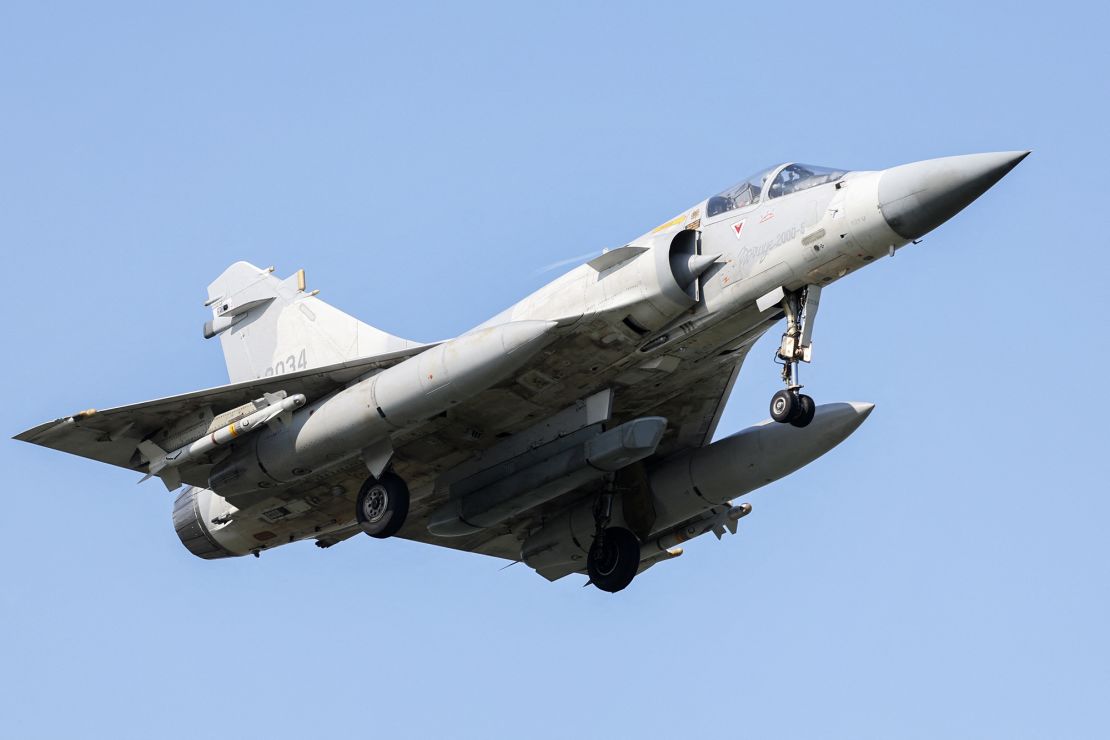 A Taiwanese Air Force Mirage 2000 fighter jet prepares to land at an air force base in Hsinchu on October 14, 2024, during Chinese military drills around the island.