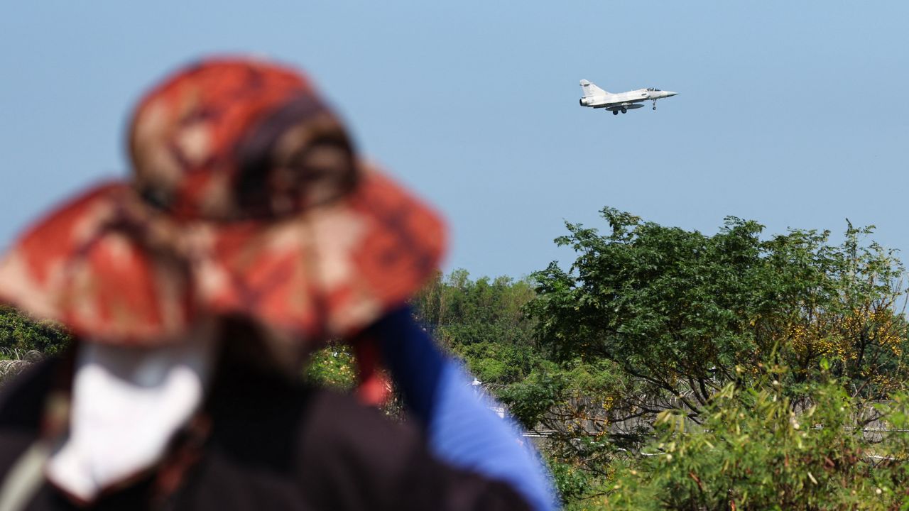 A Taiwanese Air Force Mirage 2000 fighter jet prepares to land at an air force base in Hsinchu, Taiwan on October 14, 2024 amid Chinese military exercises around the island.