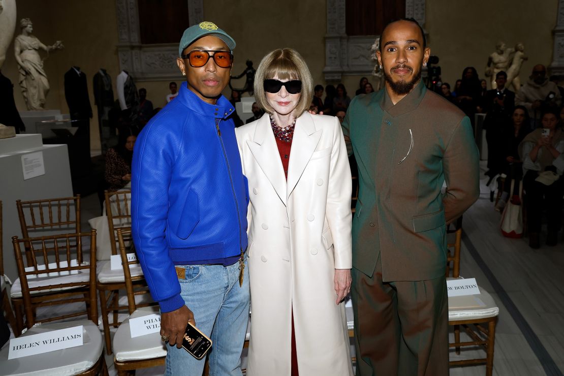 Pharrell Williams, Anna Wintour and Lewis Hamilton at the Metropolitan Museum of Art during the Costume Institute's Spring 2025 Exhibition Announcement.