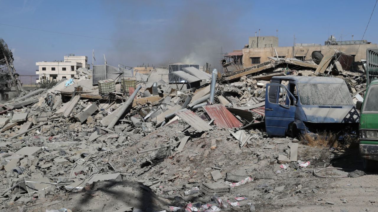 A pictures shows the debris and destruction at the site of an Israeli airstrike that targeted the eastern Lebanese village of Douris on October 14, 2024, amid the continuing war between Hezbollah and Israel. (Photo by AFP) (Photo by -/AFP via Getty Images)