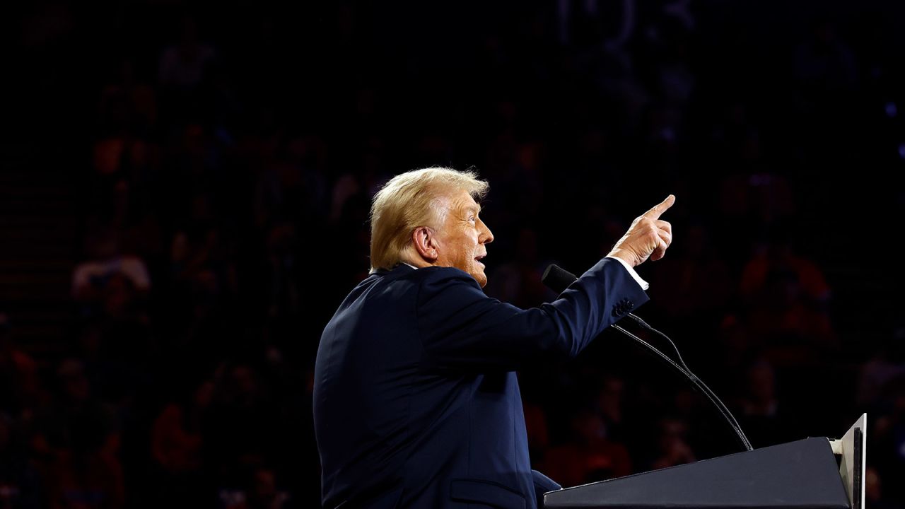 Republican presidential nominee former President Donald Trump delivers remarks at a campaign rally in Reading, Pennsylvania, on October 09, 2024.