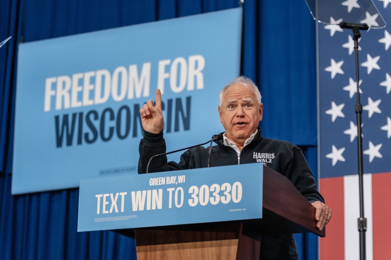 Minnesota Gov. Tim Walz speaks at a rally in Green Bay, Wisconsin, on Monday.