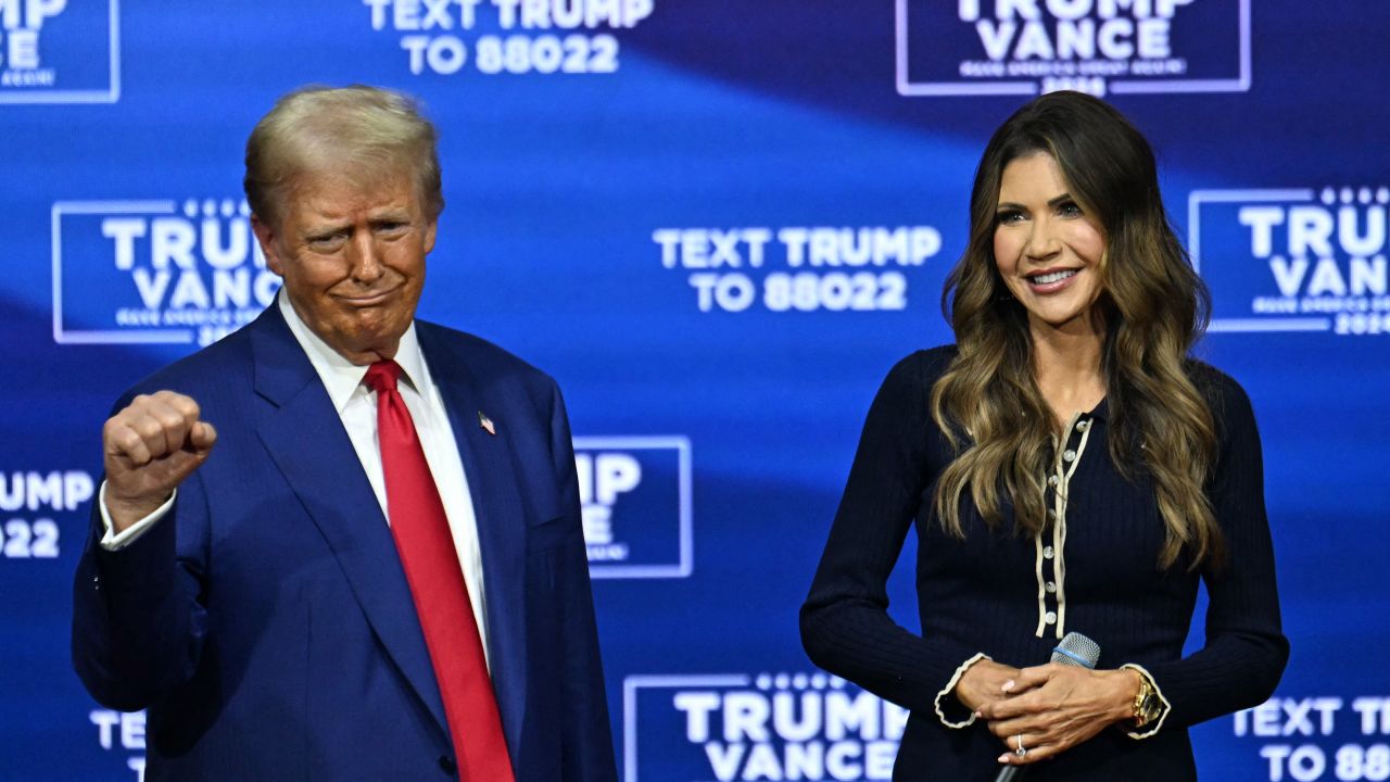 Former US President and Republican presidential candidate Donald Trump attends a town hall, moderated by South Dakota Governor Kristi Noem, at the Greater Philadelphia Expo Center and Fairgrounds in Oaks, Pennsylvania, on October 14, 2024. (Photo by Jim WATSON / AFP) (Photo by JIM WATSON/AFP via Getty Images)