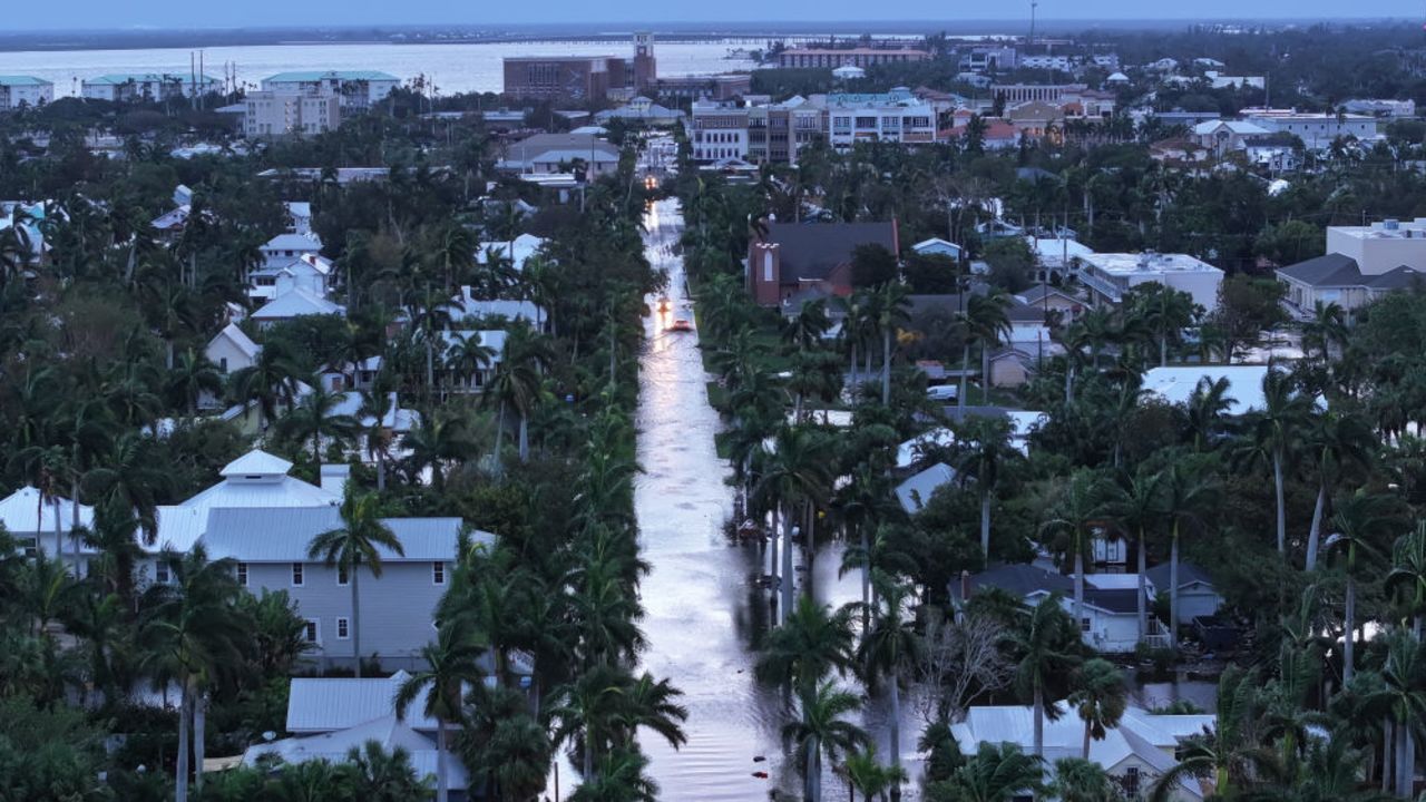 PUNTA GORDA - OCTOBER 10: In this aerial view, Flood waters inundate a neighborhood after Hurricane Milton came ashore on October 10, 2024, in Punta Gorda, Florida. The storm made landfall as a Category 3 hurricane in the Siesta Key area of Florida, causing damage and flooding throughout Central Florida. (Photo by Joe Raedle/Getty Images)