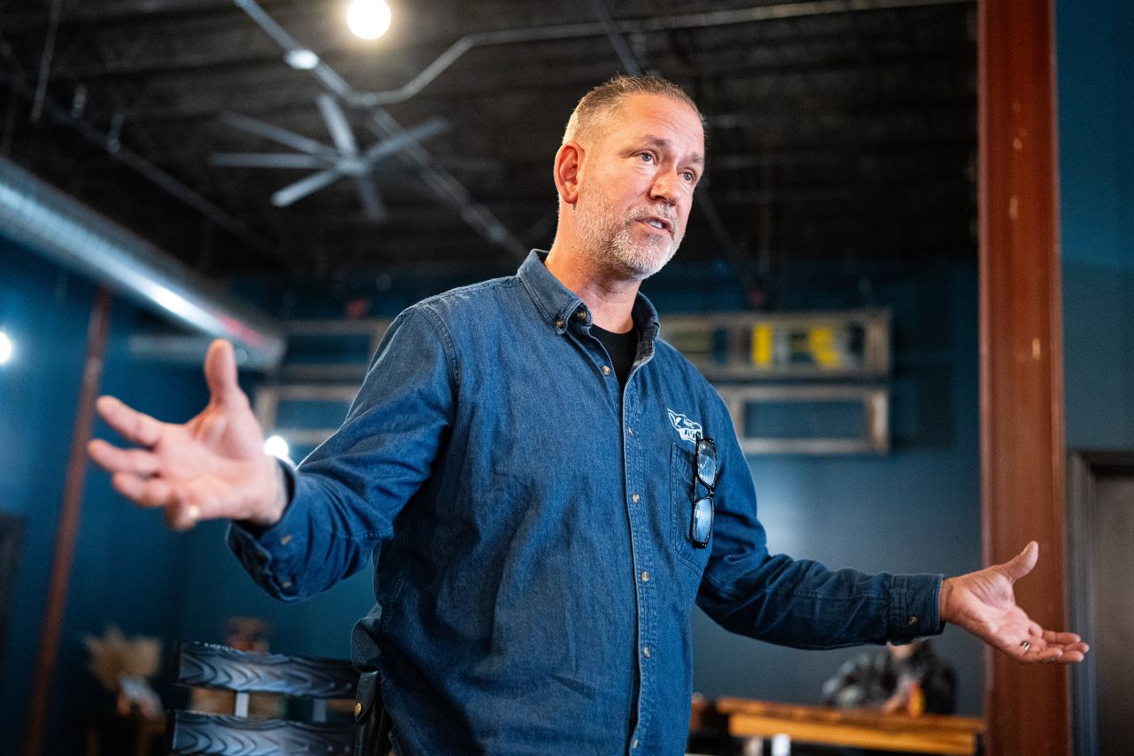 UNITED STATES - OCTOBER 14: Independent Senate candidate Dan Osborn speaks during his campaign stop at the Handlebend coffeshop in O'Neill, Neb., on Monday, October 14, 2024. Osborn is running againt Sen. Deb Fischer, R-Neb. (Bill Clark/CQ-Roll Call, Inc via Getty Images)