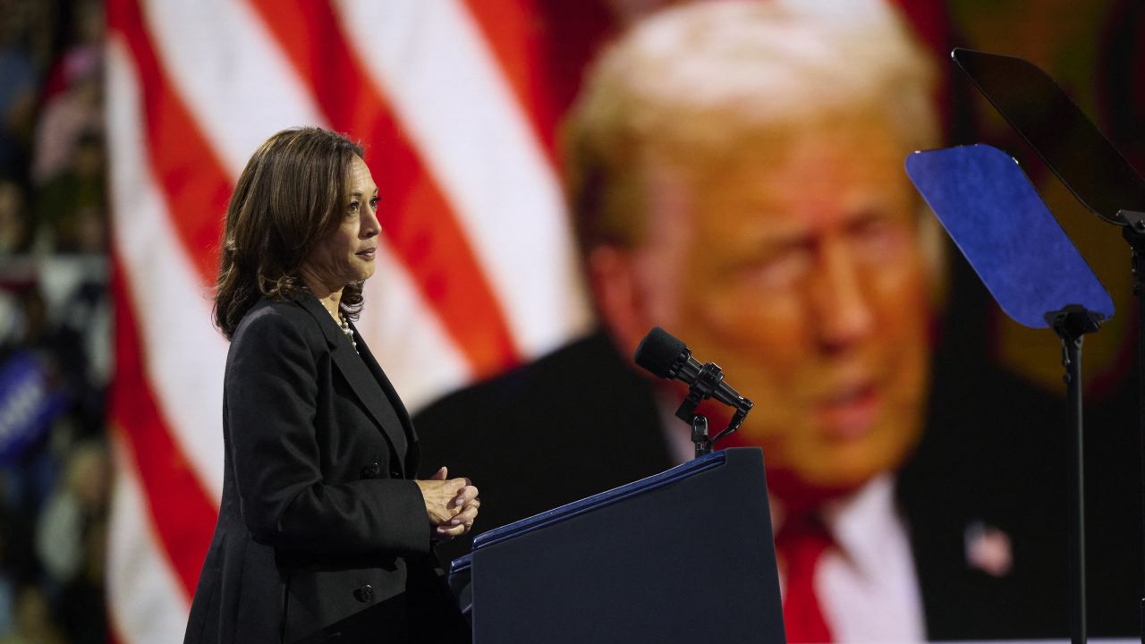 TOPSHOT - US Vice President and Democratic presidential candidate Kamala Harris speaks at a campaign event at the Erie Insurance Arena in Erie, Pennsylvania, on October 14, 2024. (Photo by DUSTIN FRANZ / AFP) (Photo by DUSTIN FRANZ/AFP via Getty Images)