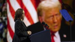 TOPSHOT - US Vice President and Democratic presidential candidate Kamala Harris speaks at a campaign event at the Erie Insurance Arena in Erie, Pennsylvania, on October 14, 2024. (Photo by DUSTIN FRANZ / AFP) (Photo by DUSTIN FRANZ/AFP via Getty Images)