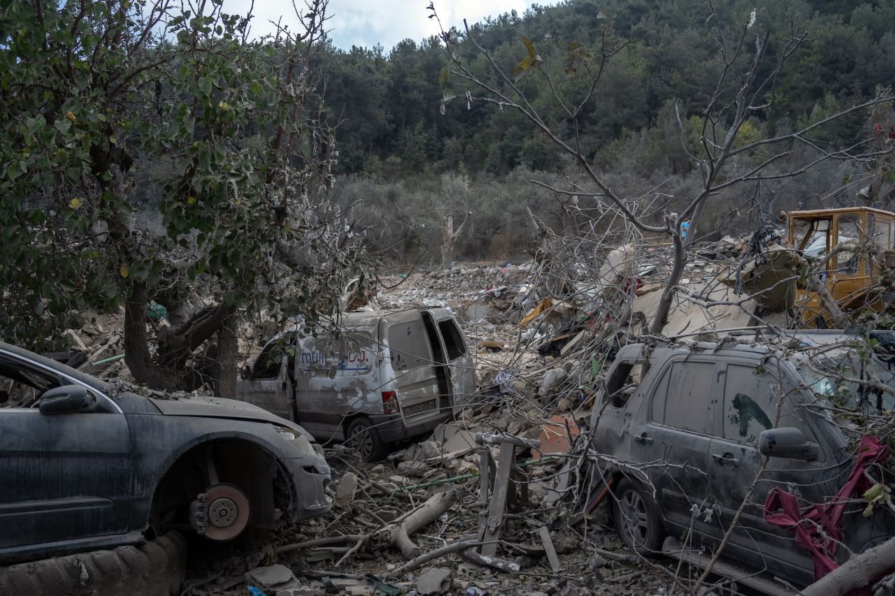 Vehicles lie among the ruins of a house that was destroyed by an Israeli airstrike in Aitou, Lebanon, on Tuesday.