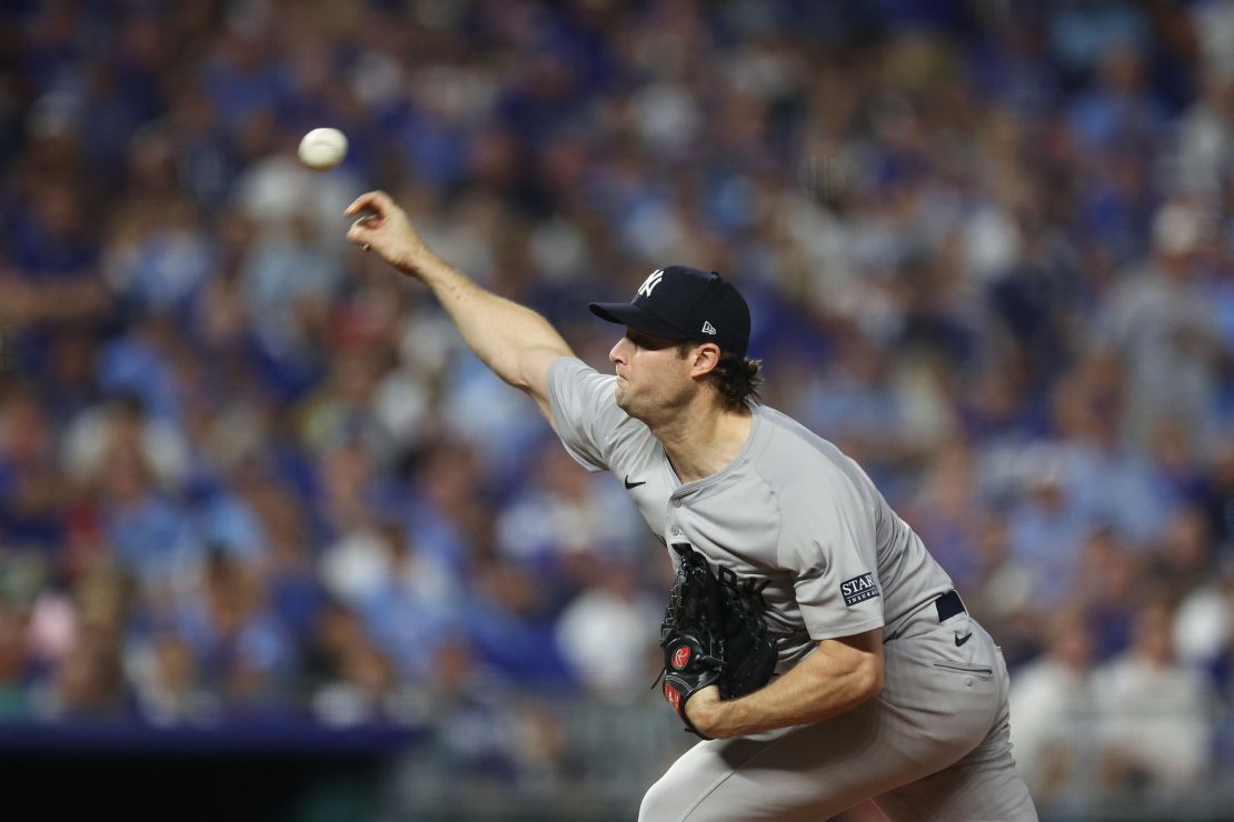 Reigning AL Cy Young Award winner Gerrit Cole throws a pitch during the first inning at Kauffman Stadium.