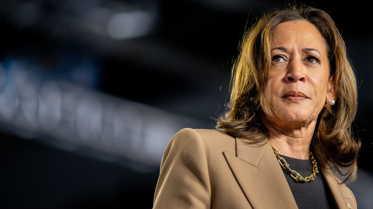 Democratic presidential nominee, Vice President Kamala Harris pauses while speaking during a campaign rally at the Rawhide Event Center on October 10, 2024 in Chandler, Arizona.