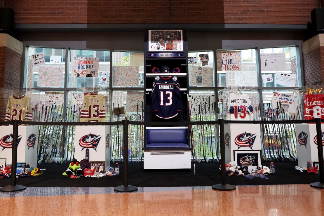 A memorial to former Columbus Blue Jackets player Johnny Gaudreau at Nationwide Arena.