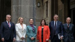 (L to R) Francisco Cervantes, President of the Business Coordinating Council (CCE), Sarah Bairstow, CEO of Mexico Pacific, Mexico's President Claudia Sheinbaum, CEO of the US Chamber of Commerce, Suzanne Clark, Mexico's Economy Minister Marcelo Ebrard and Guillermo Vogel, Chairman of CEO Dialogue and Vice Chairman of Tenaris Global Board, pose for a picture during the High Level Summit between Mexican and US leaders and businessmen at the National Palace in Mexico City on October 15, 2024. (Photo by Yuri CORTEZ / AFP) (Photo by YURI CORTEZ/AFP via Getty Images)