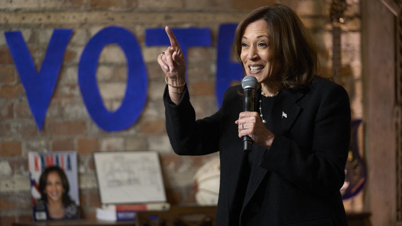 Vice President Kamala Harris speaks at Cred Cafe during a campaign event in Detroit, Michigan, on Tuesday, October 15.