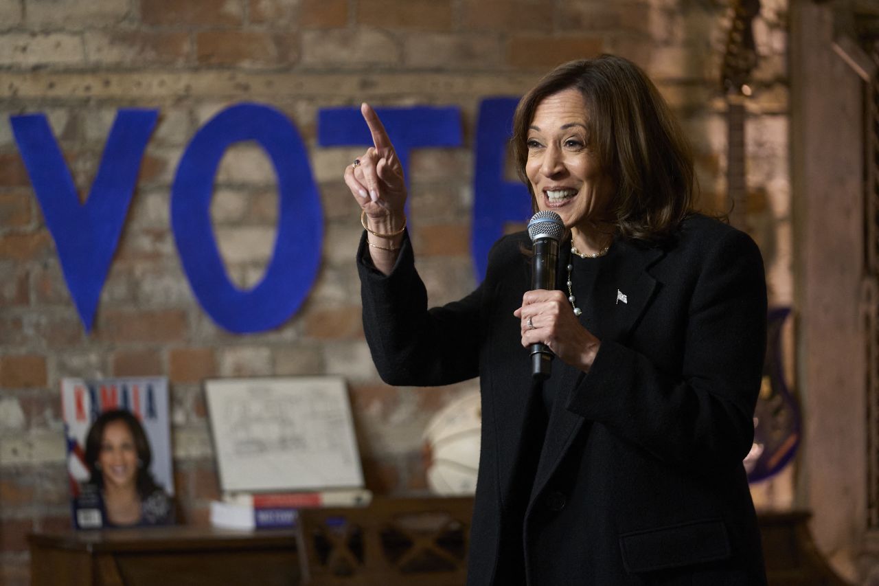 Vice President Kamala Harris speaks at Cred Cafe during a campaign event in Detroit, Michigan, on Tuesday, October 15.